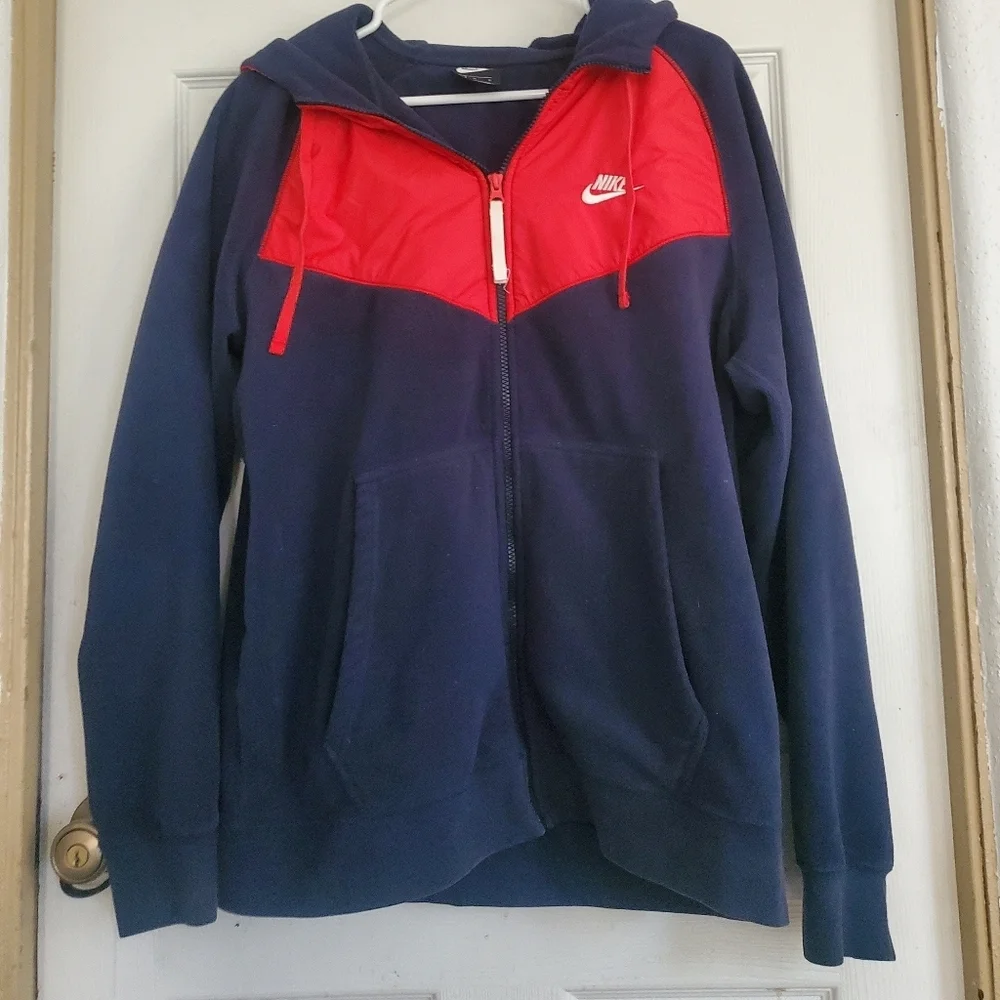 Nike Sportswear Polar Fleece Full Zip Up Navy and Red Hoodie, Size Large